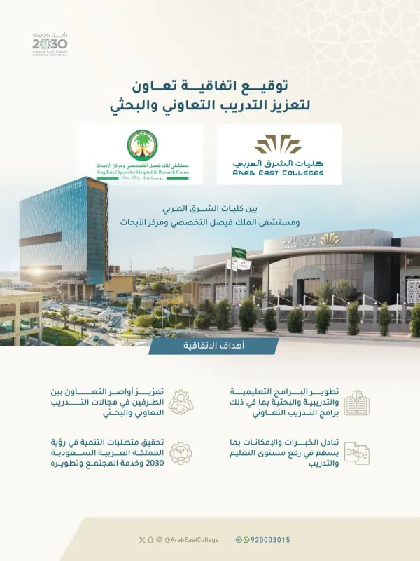 كليات الشرق العربي توقع اتفاقية مع مستشفى الملك فيصل التخصصي